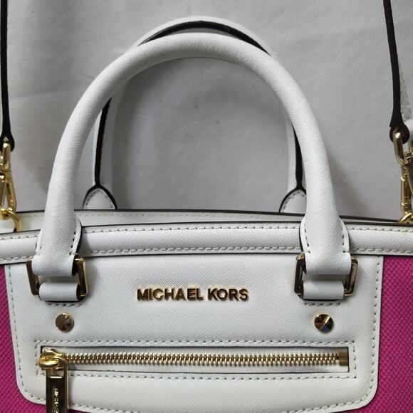 Michael Kors Selma Fuschia Pink Canvas Leather Trim Zipper Satchel Shoulder Bag - Picture 5 of 16